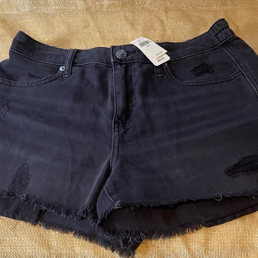 Aerie Black Jean Shorts High-Waisted Distressed